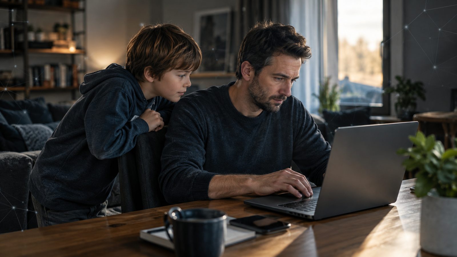 A father setting up an account on a laptop while his son watches