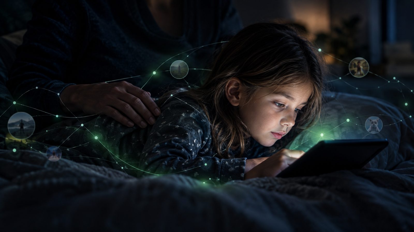 A child lit by a tablet screen while a parent's hand rests on their back